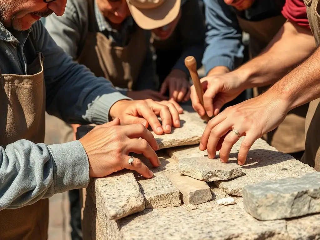 A photograph depicting participants actively involved in a stone restoration workshop at the Tour du Breuil, learning traditional techniques from skilled artisans.
