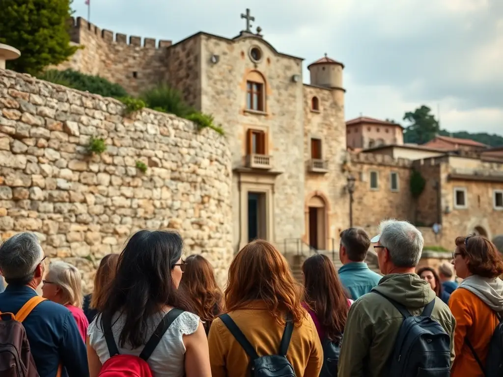 A photograph depicting an educational workshop or guided tour at the Tour du Breuil, with participants learning about the history and significance of the site.