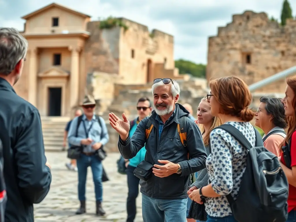 A photograph showcasing volunteers participating in a guided historical tour of the Tour du Breuil, led by a knowledgeable guide. The image captures the group's engagement and interest in the historical explanations.
