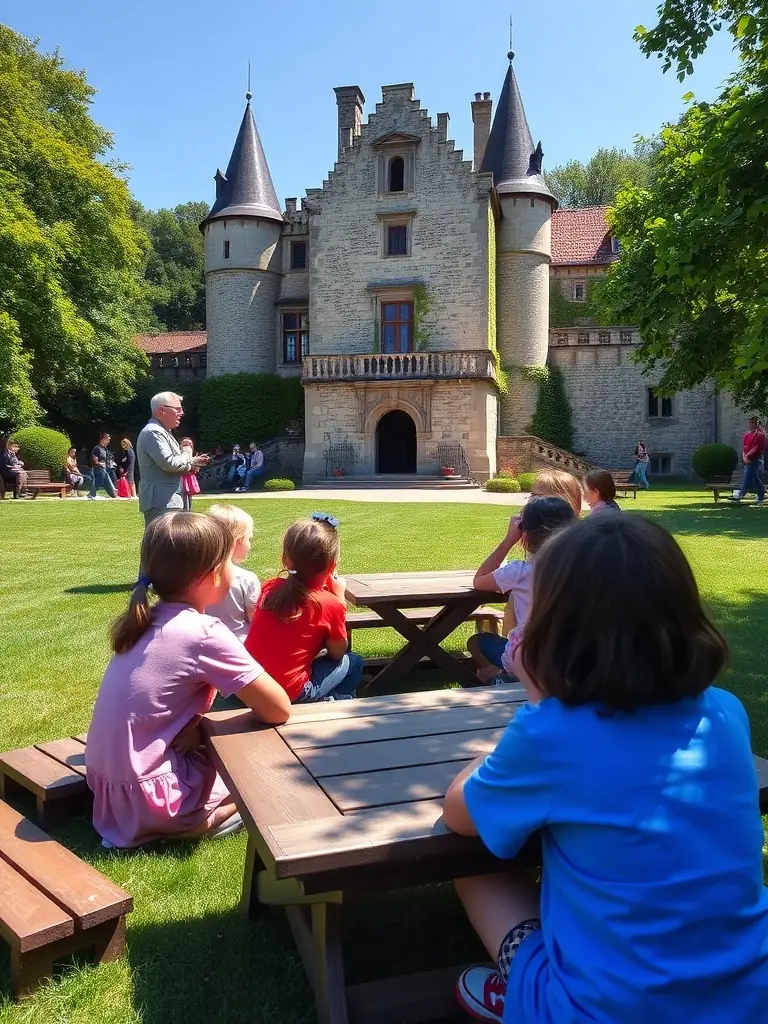 A vibrant image of a group of children participating in an educational tour of the Tour du Breuil, led by a knowledgeable guide.