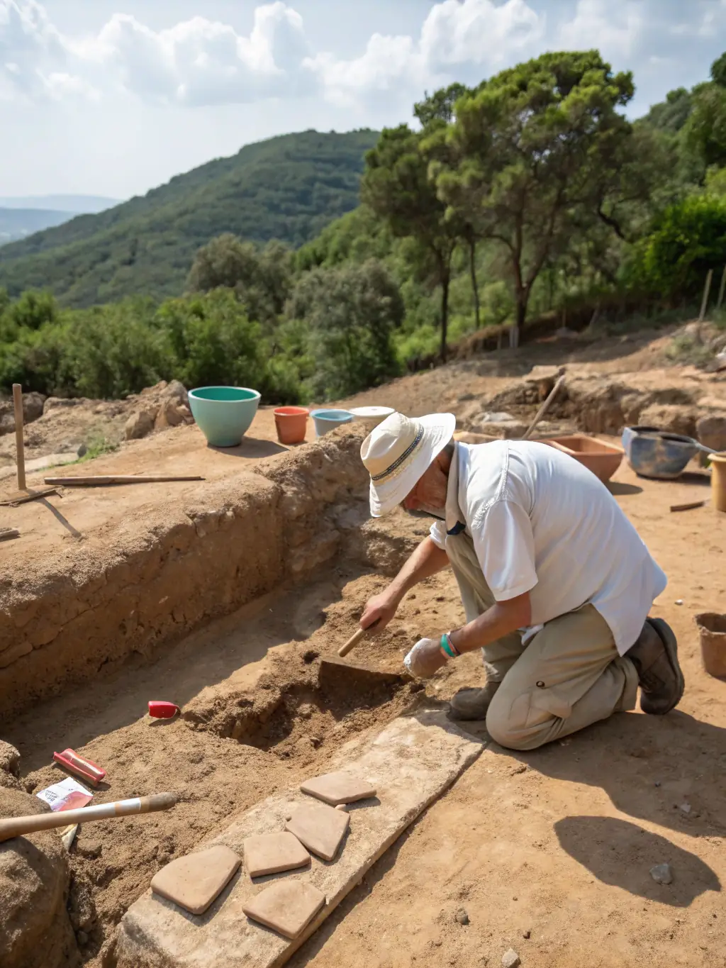 A picture of archaeologists carefully excavating artifacts at the Tour du Breuil, highlighting the ongoing research and discovery efforts.