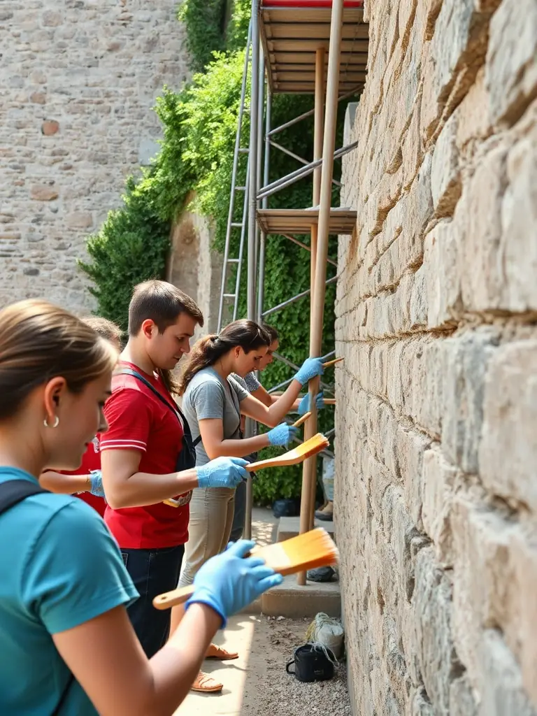 A photograph capturing volunteers meticulously cleaning and restoring a section of the Tour du Breuil's stone wall, showcasing the hands-on conservation efforts.