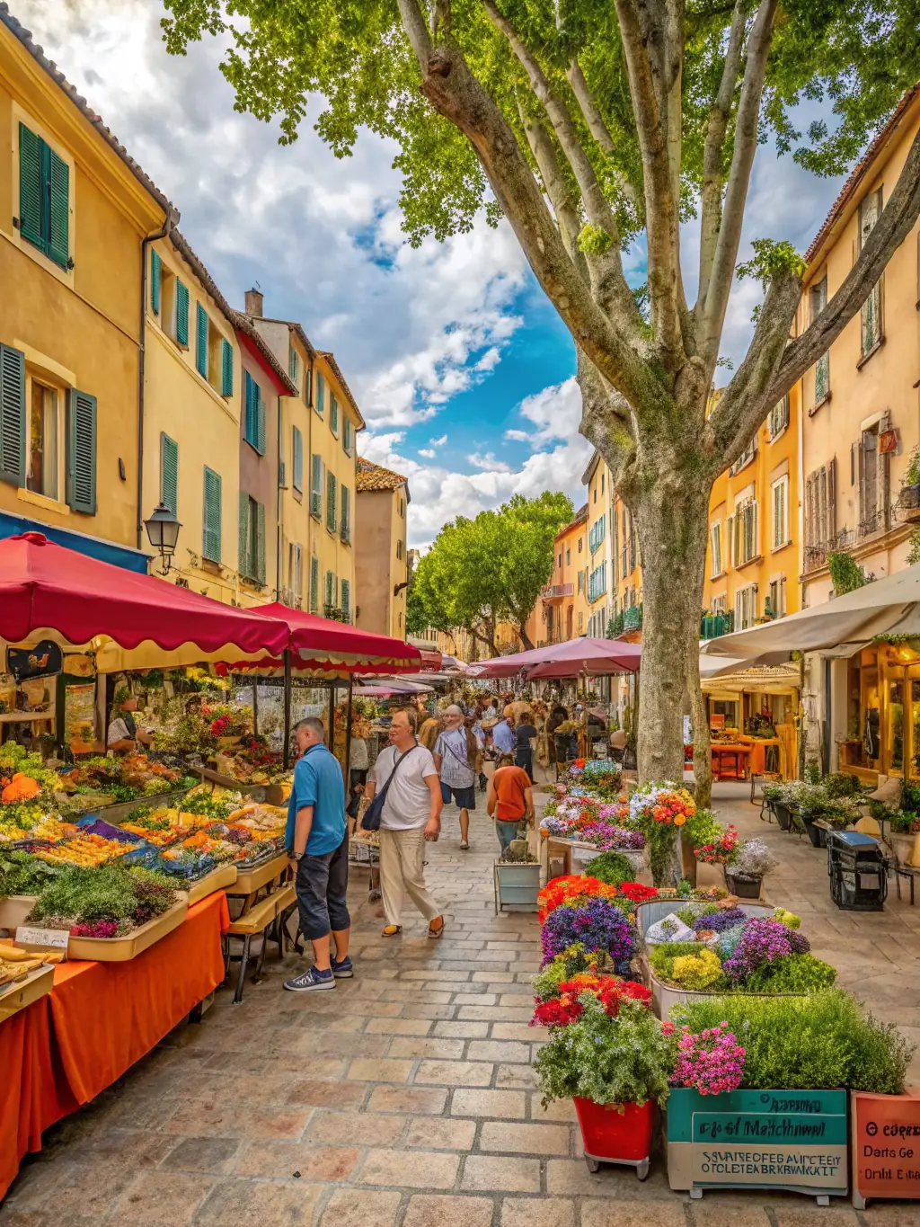 A photograph of a community event held at the base of the Tour du Breuil, featuring local artisans, food vendors, and live music.