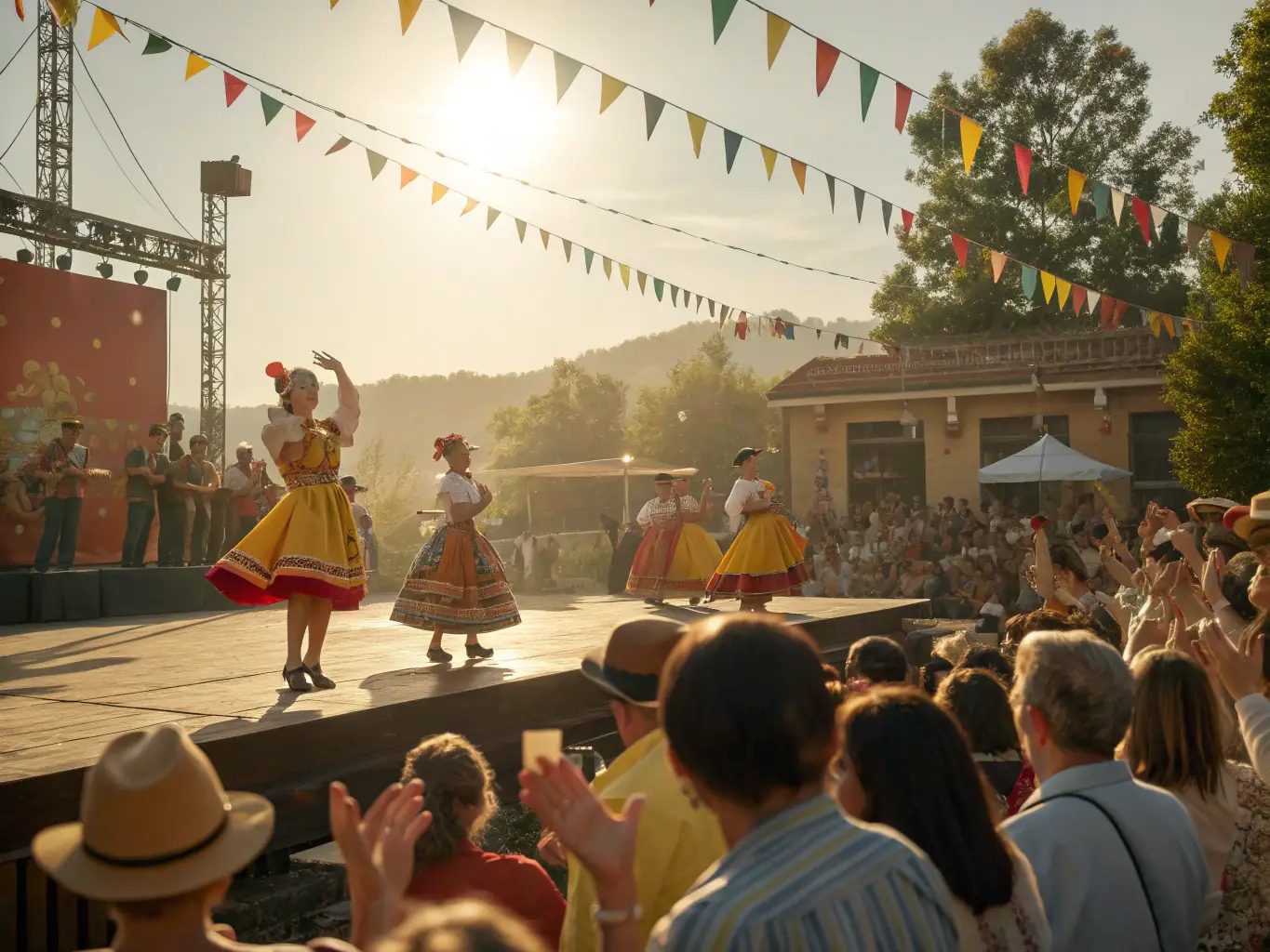 A vibrant scene from a cultural festival held at the Tour du Breuil, featuring traditional music, dance, and local crafts.