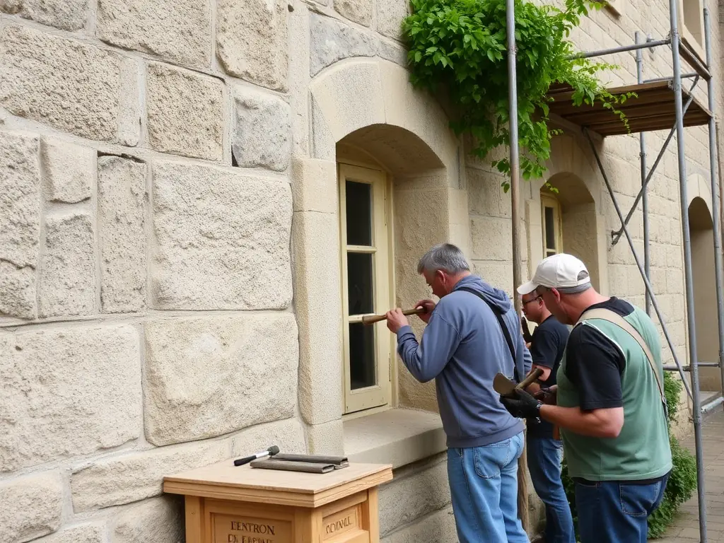 A photograph showcasing volunteers working on the restoration of a section of the Tour du Breuil, with focus on the intricate stonework and historical preservation techniques.